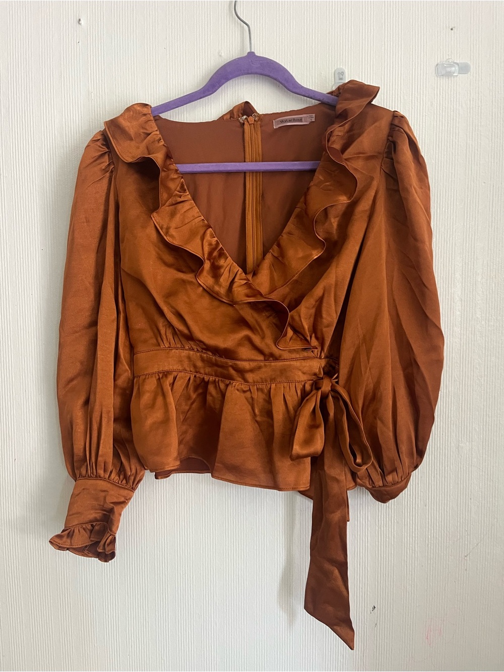 Satin Ruffle Wrap Blouse in Rust with Tie Waist